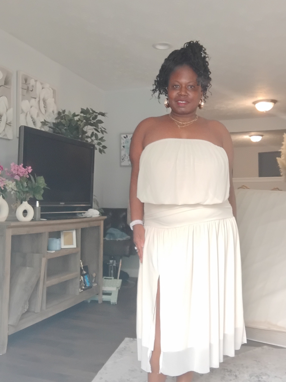 Strapless Cream Midi Dress for Women